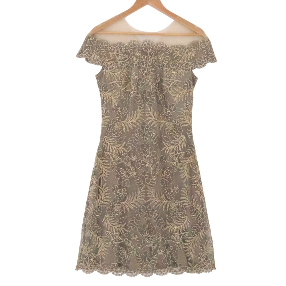 Tadashi Shoji Lace Illusion Cocktail Dress Size 6 Taupe Gold Wedding Guest Lux